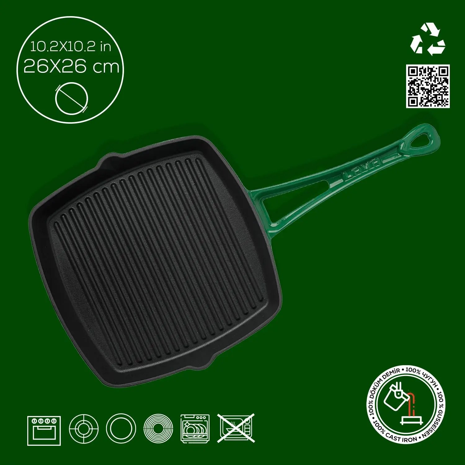 Lava kvadratna rebrasta grill ponev 26×26 cm — siva emajlirana, 1,5 l, odtočni kanali - slika 2