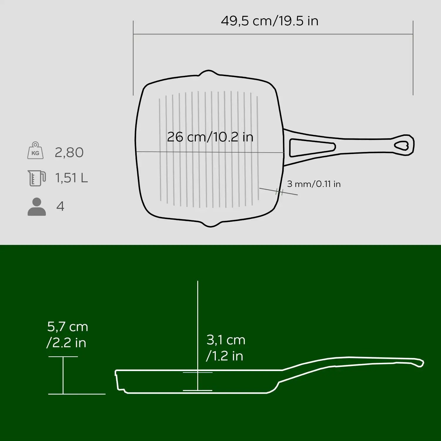 Lava kvadratna rebrasta grill ponev 26×26 cm — siva emajlirana, 1,5 l, odtočni kanali - slika 3