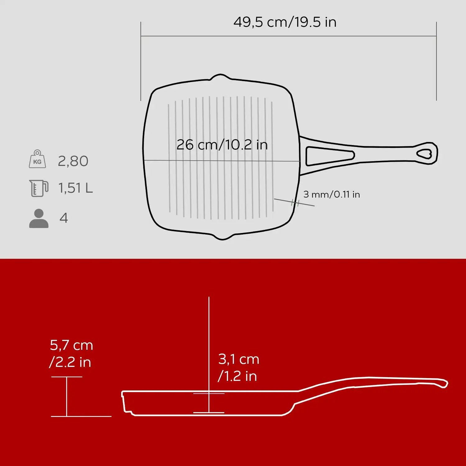 Lava kvadratna rebrasta grill ponev 26×26 cm — rdeča emajlirana, 1,51 l, odtočni kanali - slika 5